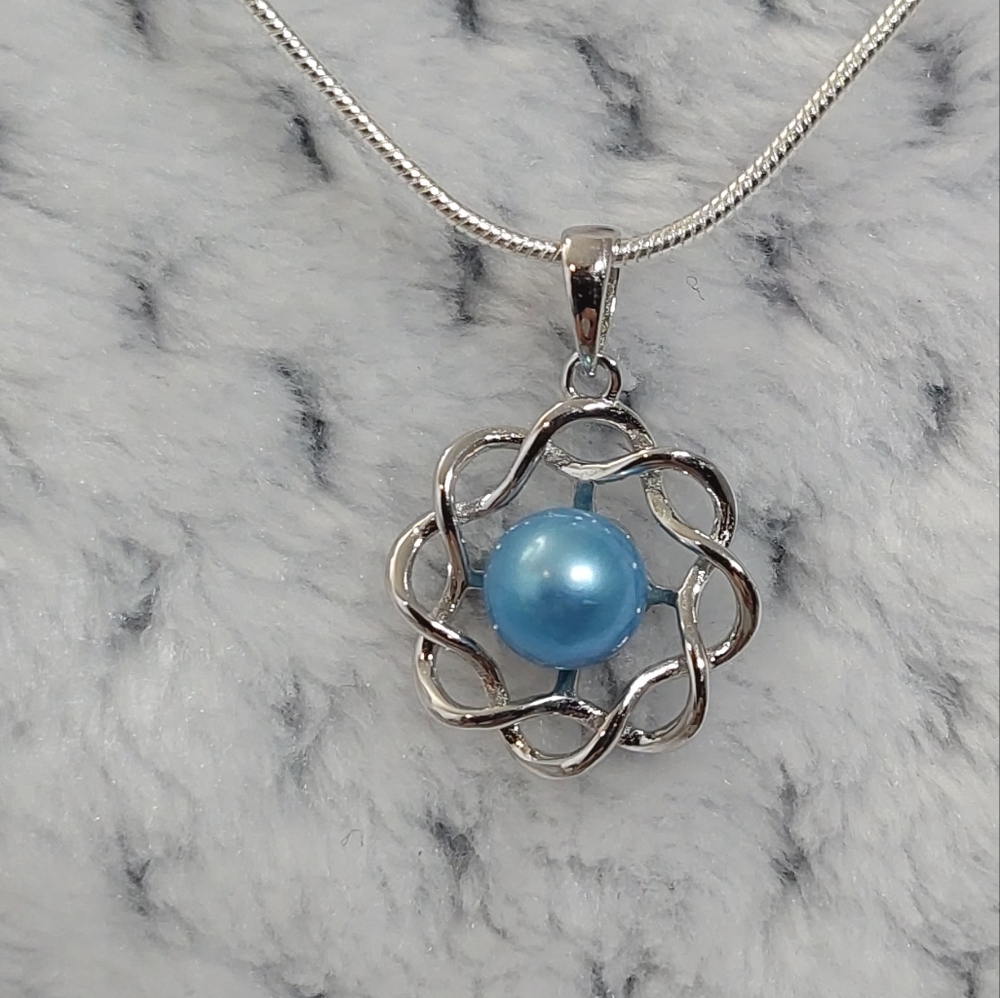 Sterling Silver 925 Necklace Pendant Dainty Pearl Blue 18" Chain Classic Simple